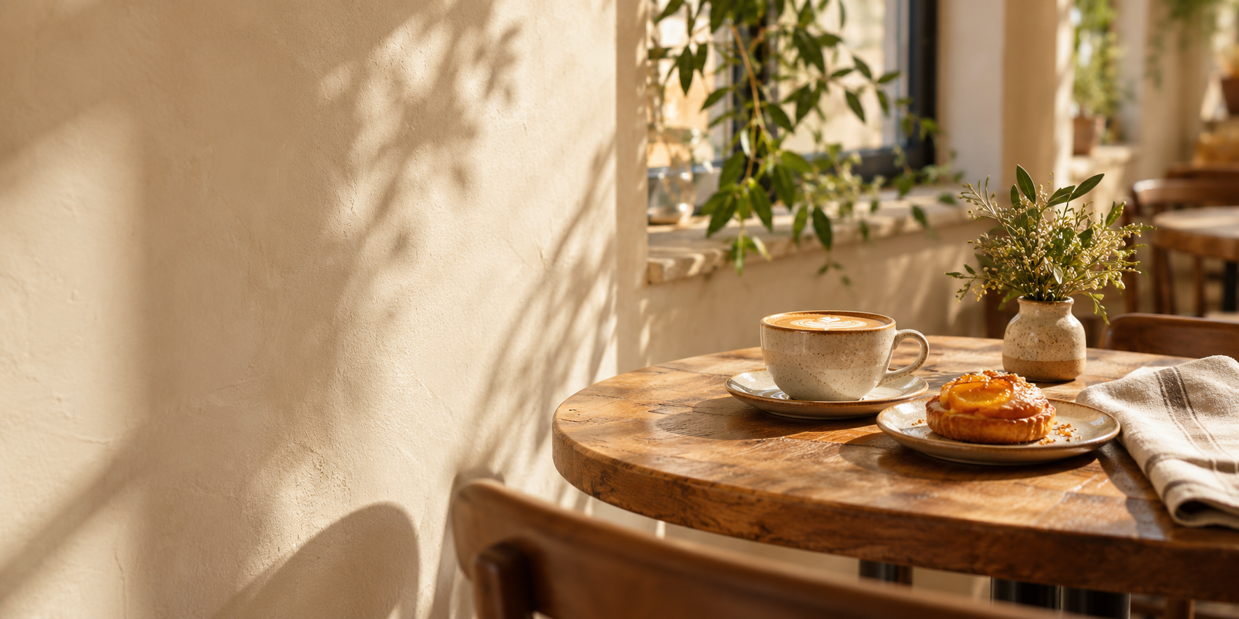 Sunlit café table with coffee and pastry