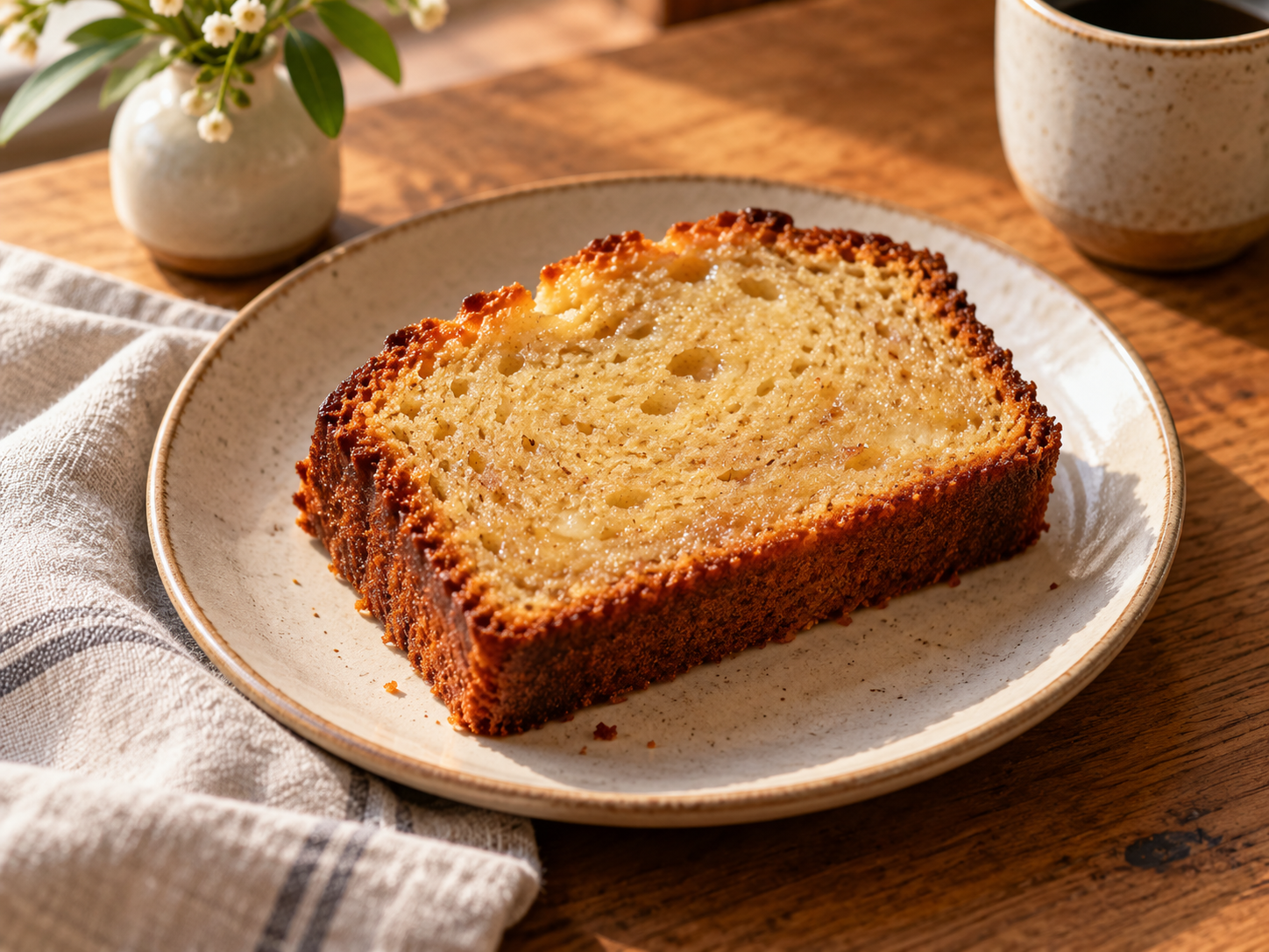 Slice of brown butter loaf on a ceramic plate
