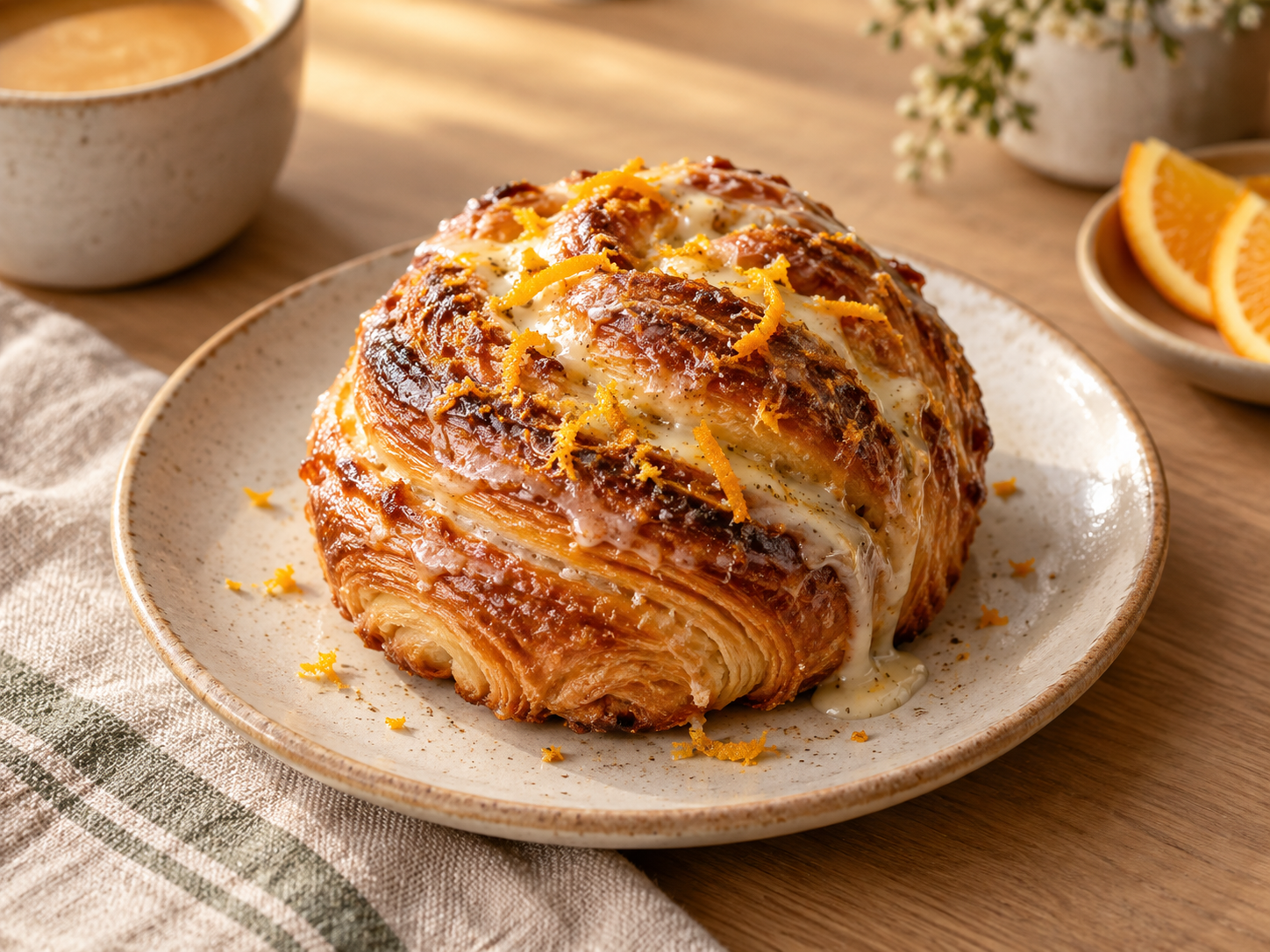 Golden citrus morning bun with orange zest and glaze