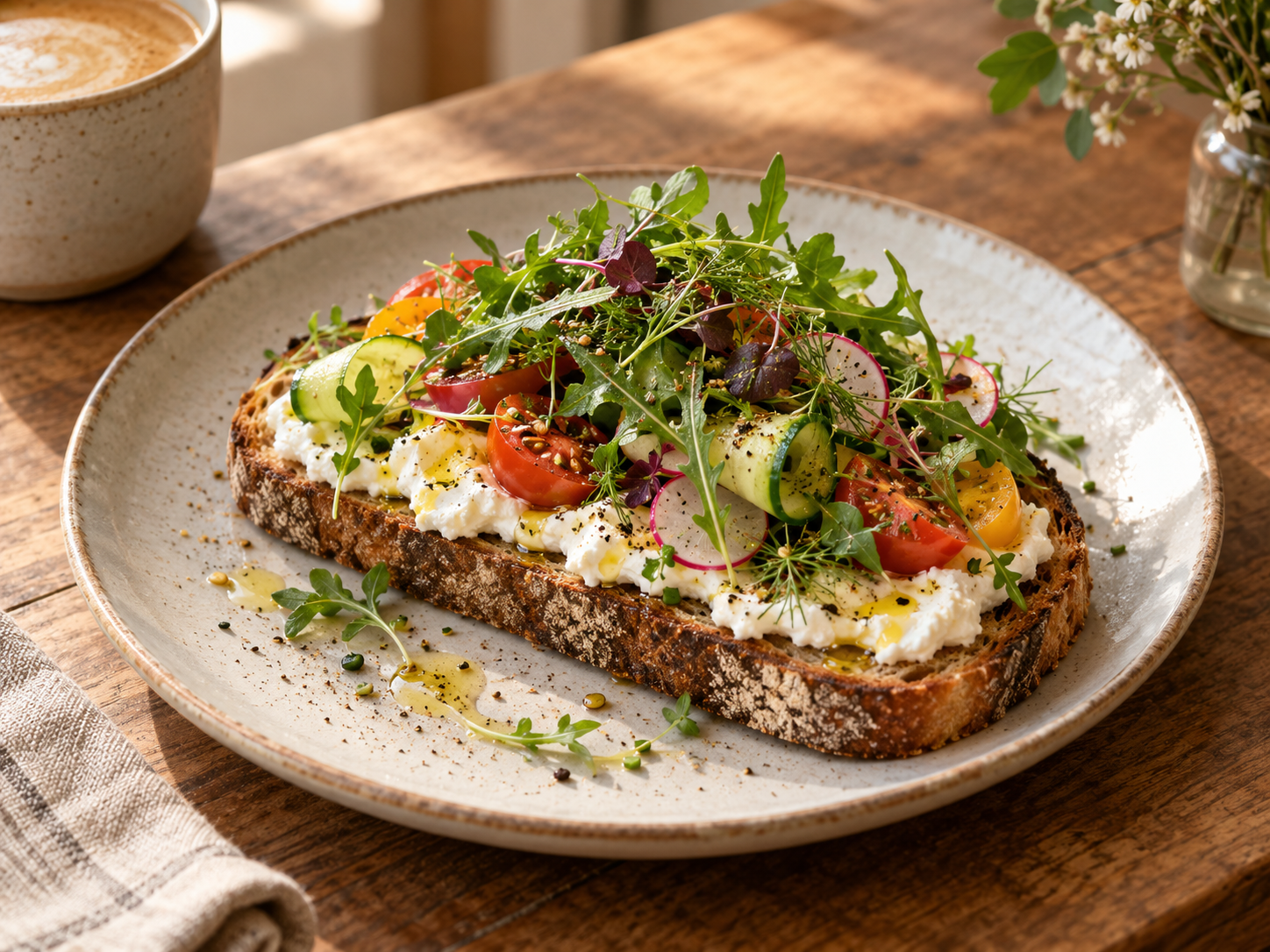 Sourdough garden toast with ricotta, herbs, greens, and vegetables