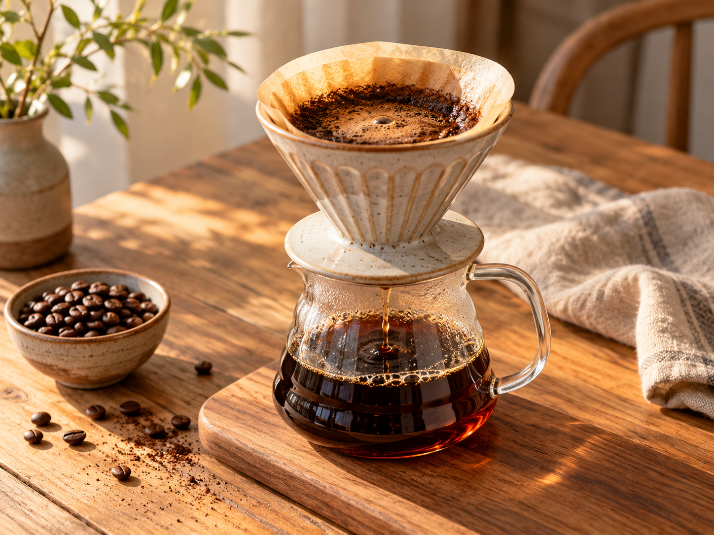 Ceramic pour-over coffee and glass server on a warm café table