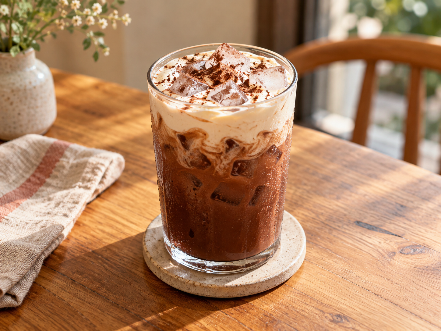 Iced cacao cold brew with cream in a clear glass