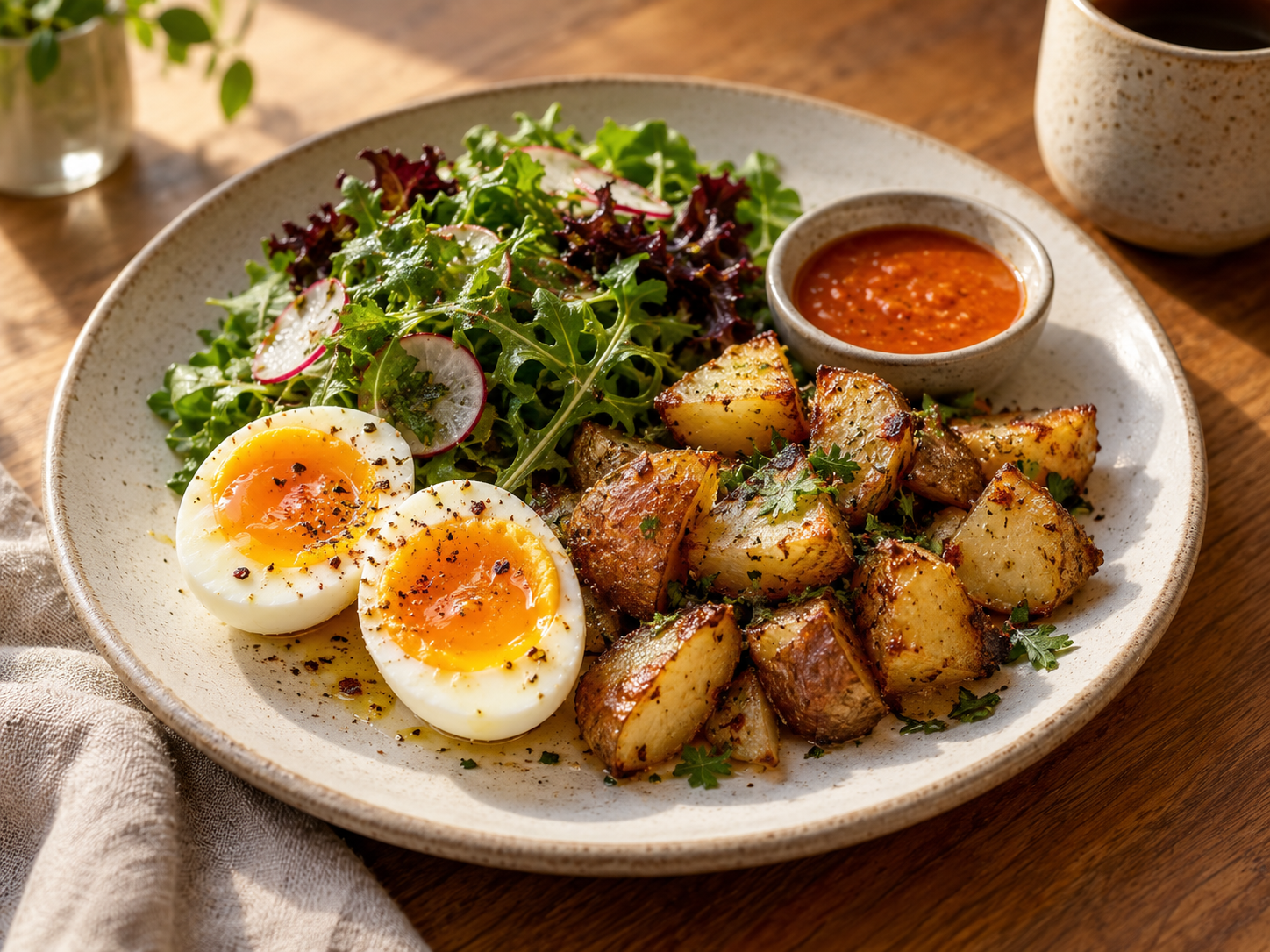Soft-boiled eggs, crisp potatoes, greens, and hot sauce on a plate