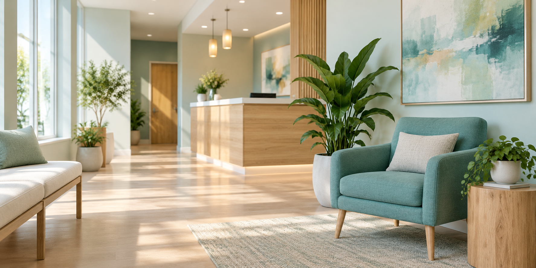 Bright modern dental clinic reception with a calm welcoming atmosphere