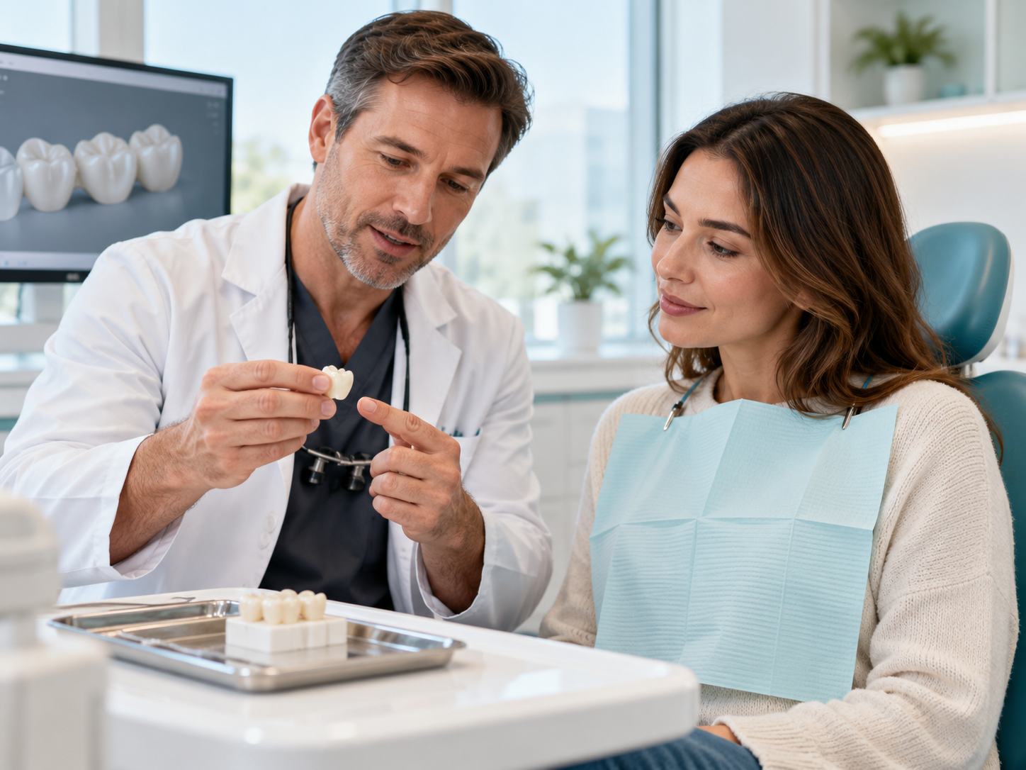Dentist and patient reviewing a crown or bridge option