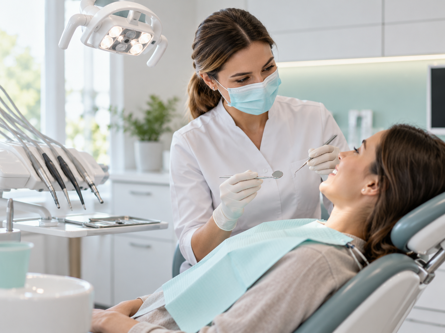 Dentist performing a calm routine dental checkup