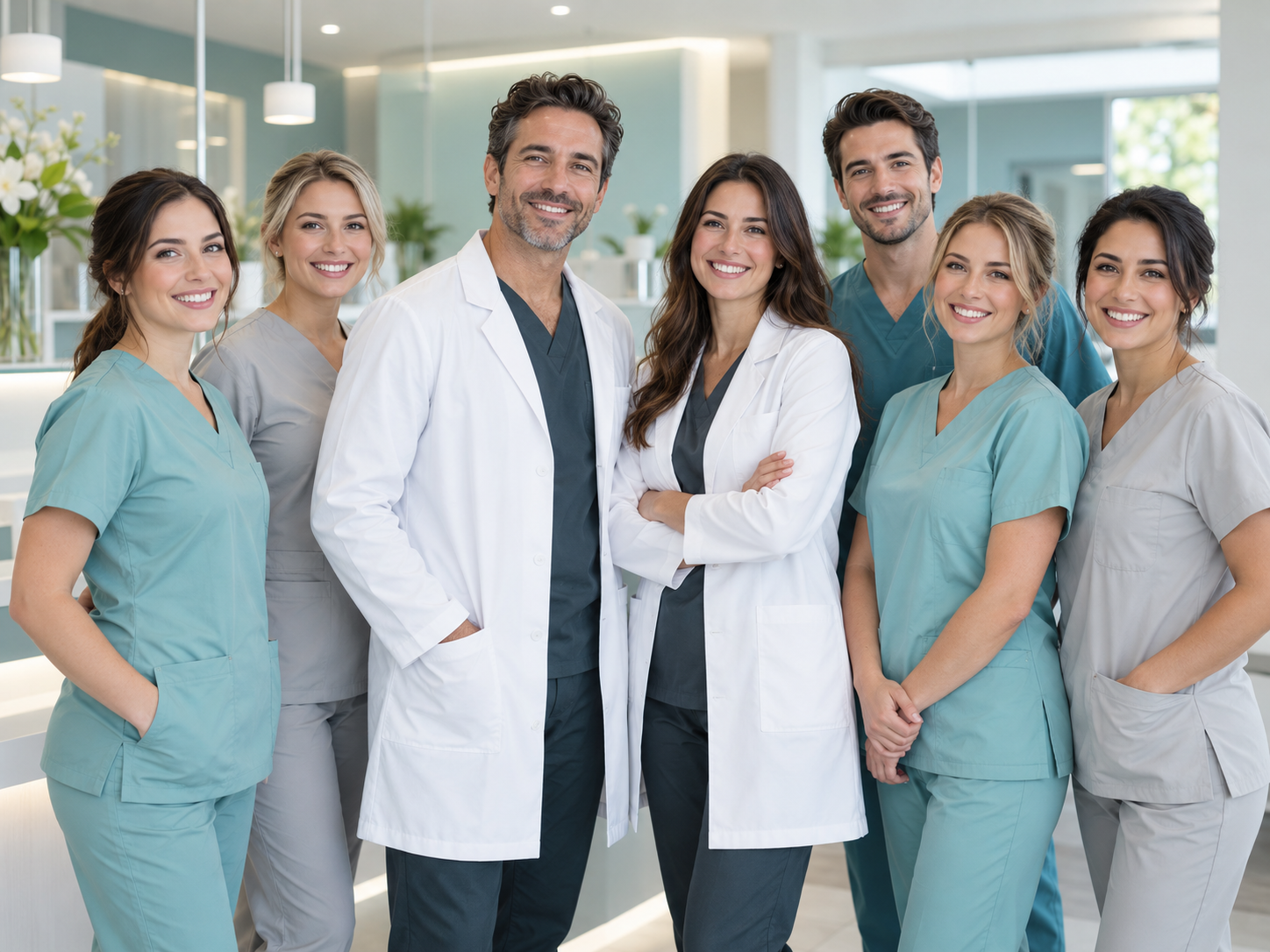Seven Clearwell dental professionals standing together in a bright clinic