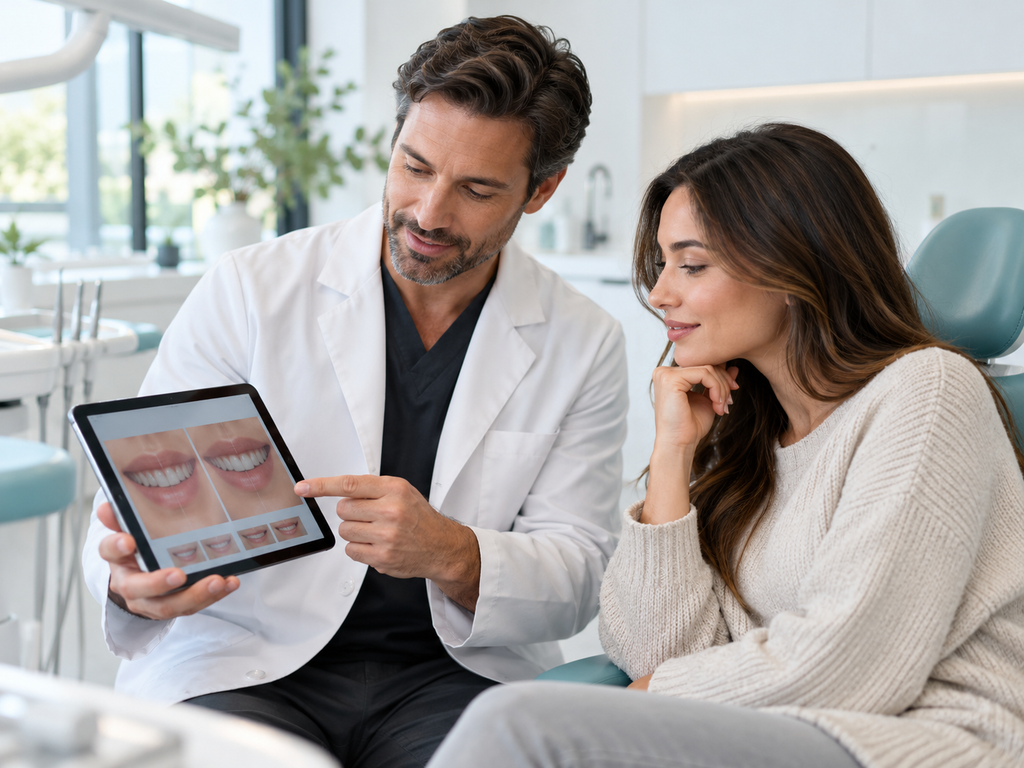 Dentist and patient discussing a smile consultation on a tablet