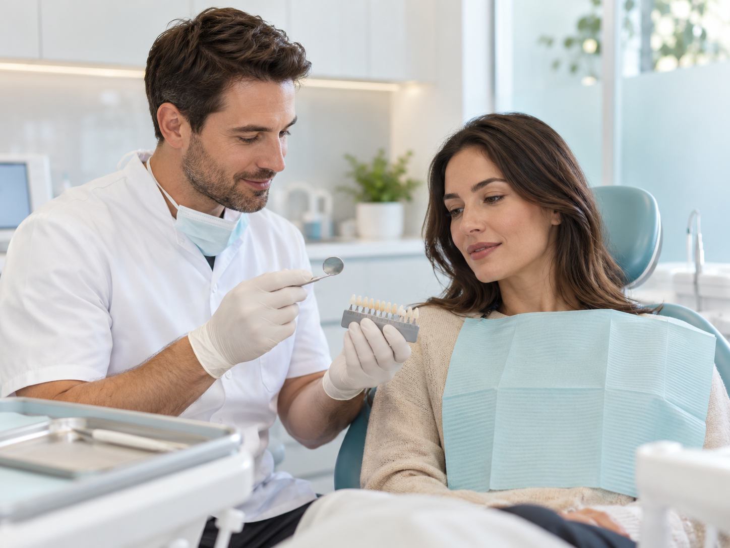 Dentist discussing a natural tooth-colored filling with a patient