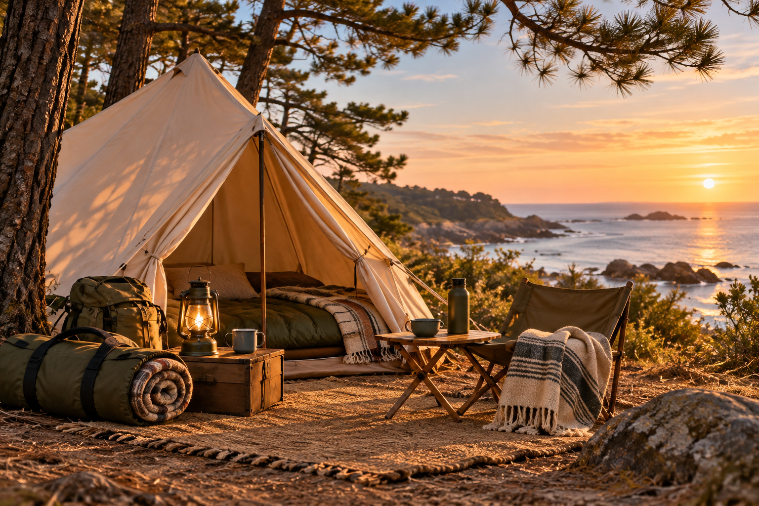 Weekend camping kit beside a small canvas tent