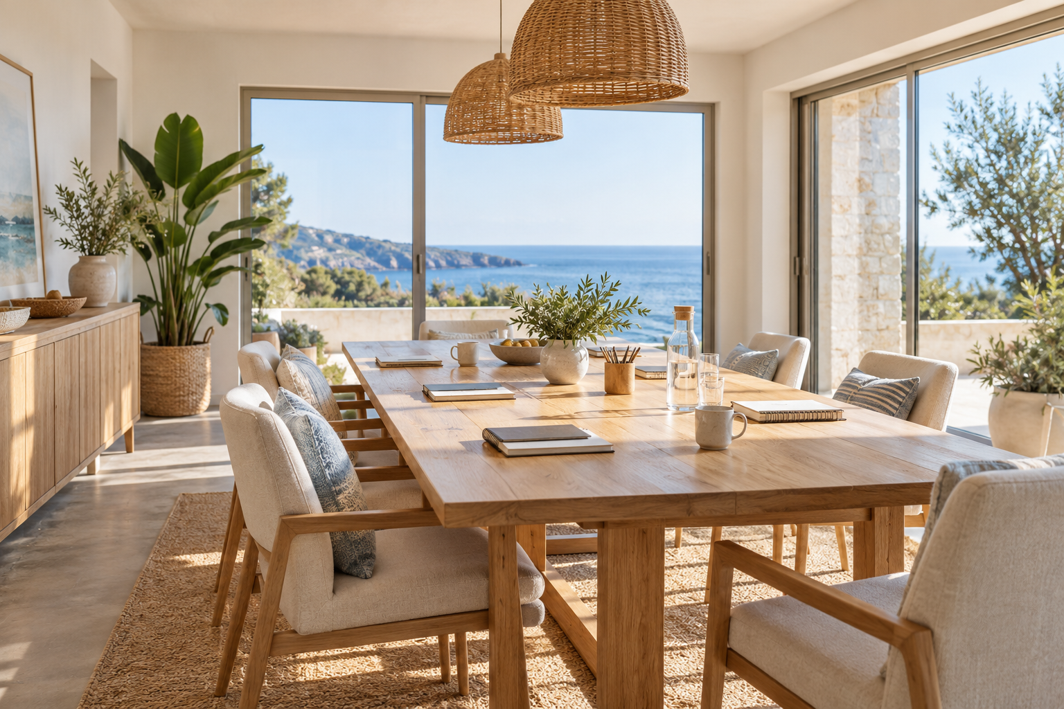 Light-filled coastal Workroom with a long wood table