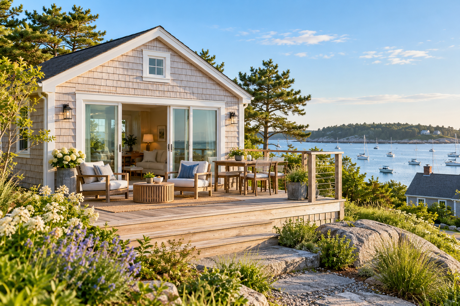 Bright coastal Harbor Cottage with a private deck
