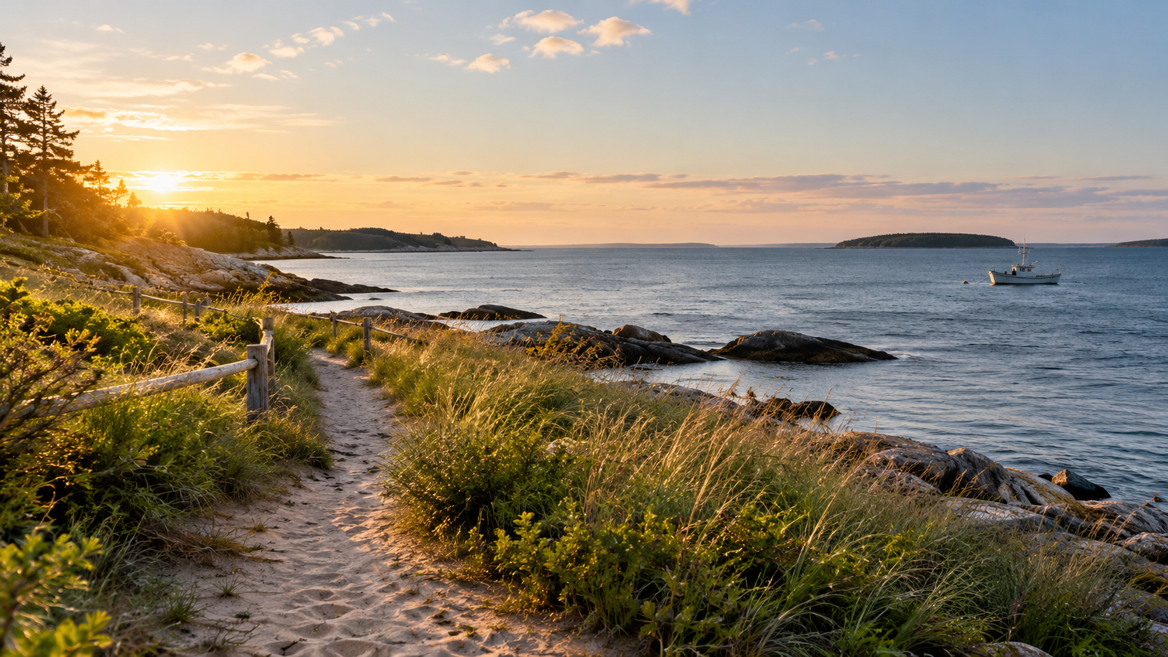 Quiet shoreline path near a coastal rental community
