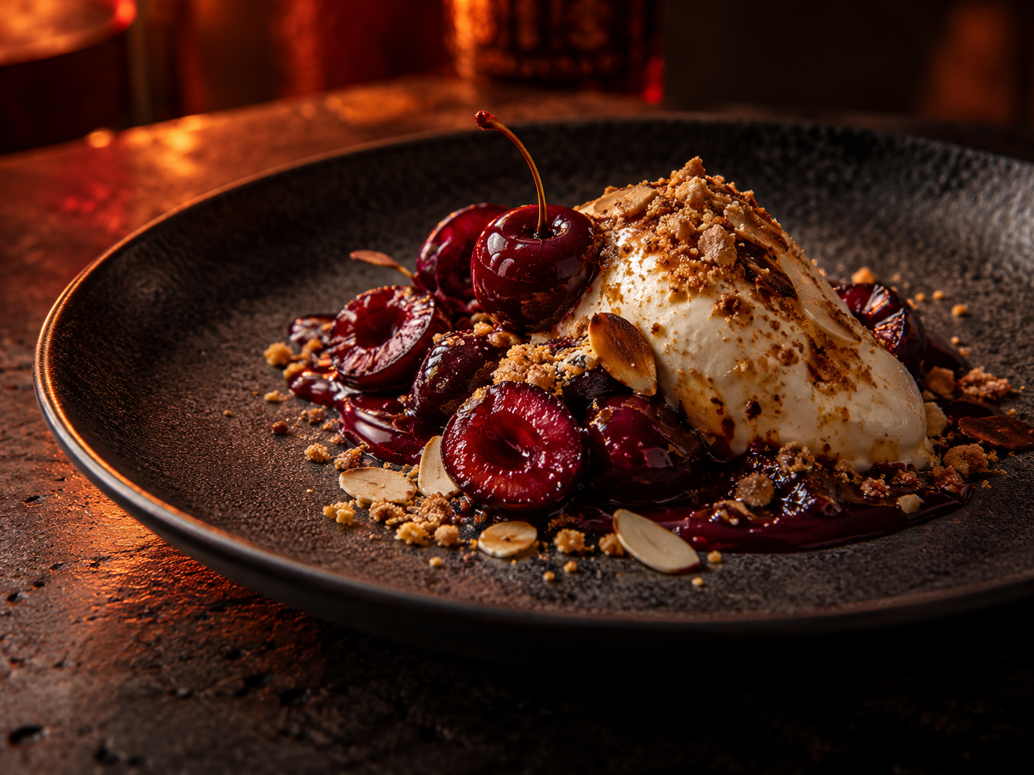 Tart cherries with cold cream and almond crumble