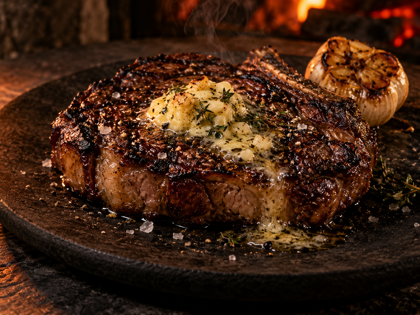 Coal-roasted ribeye with garlic butter on a dark ceramic plate