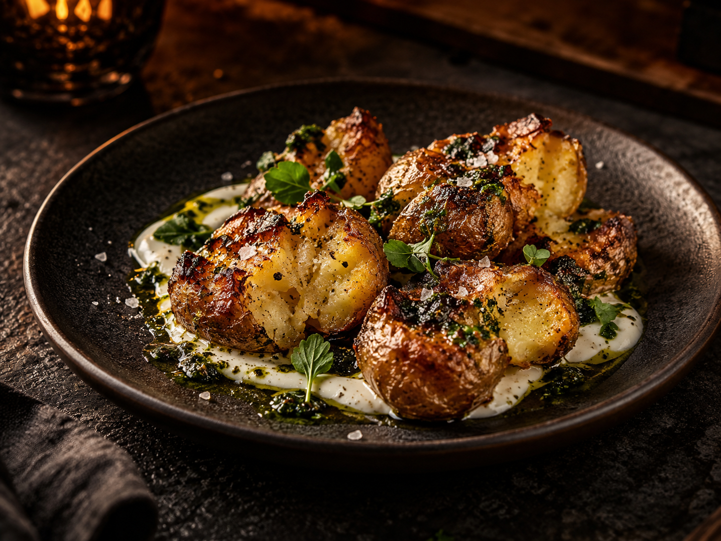 Crisp smashed potatoes with cultured cream and herb oil