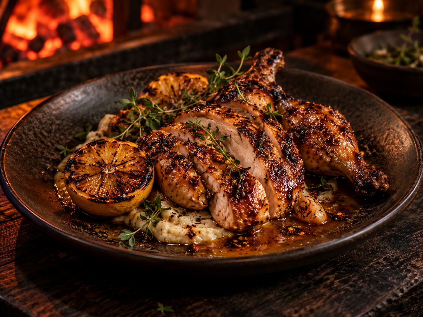 Charred ember chicken with citrus and herbs on a dark plate