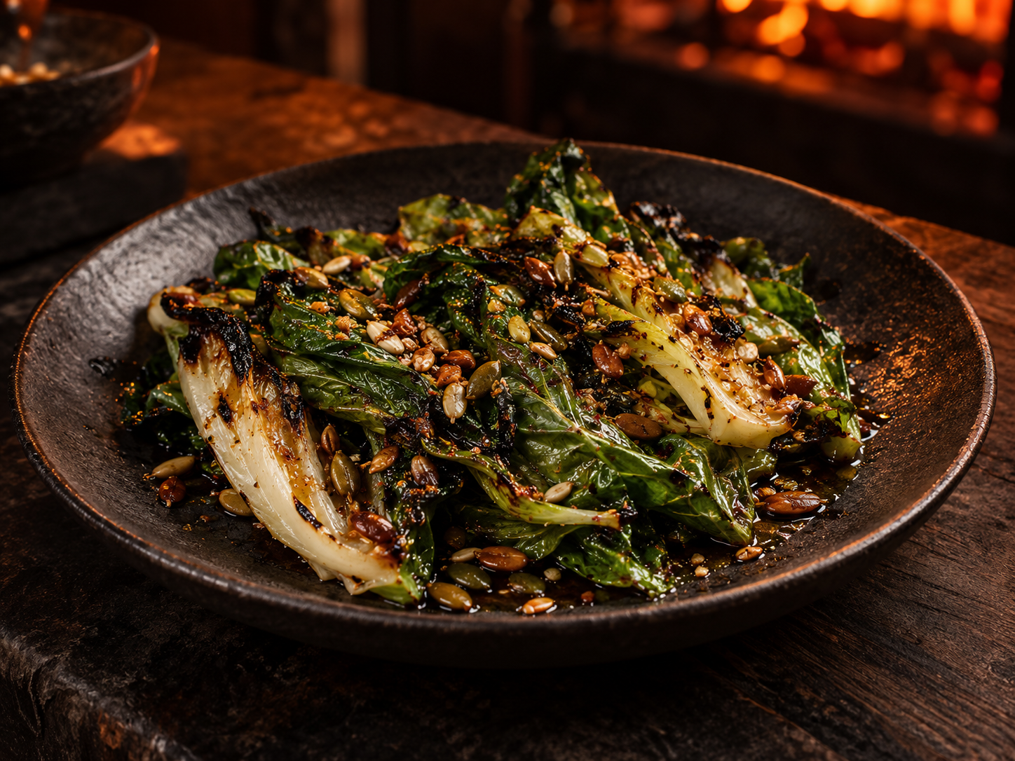 Fire-kissed seasonal greens with toasted seeds